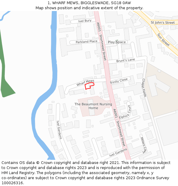 1, WHARF MEWS, BIGGLESWADE, SG18 0AW: Location map and indicative extent of plot