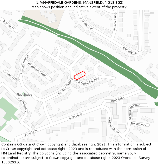 1, WHARFEDALE GARDENS, MANSFIELD, NG18 3GZ: Location map and indicative extent of plot