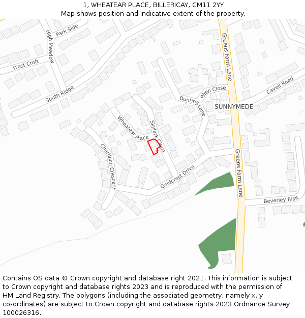 1, WHEATEAR PLACE, BILLERICAY, CM11 2YY: Location map and indicative extent of plot
