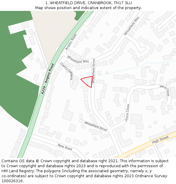 1, WHEATFIELD DRIVE, CRANBROOK, TN17 3LU: Location map and indicative extent of plot