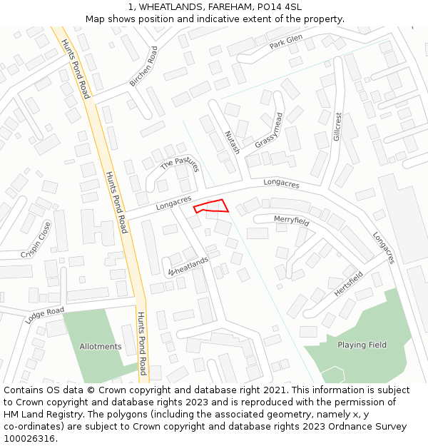 1, WHEATLANDS, FAREHAM, PO14 4SL: Location map and indicative extent of plot