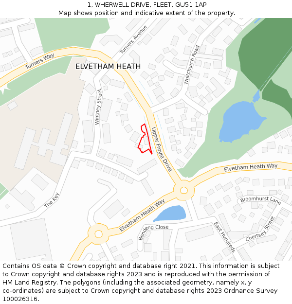 1, WHERWELL DRIVE, FLEET, GU51 1AP: Location map and indicative extent of plot