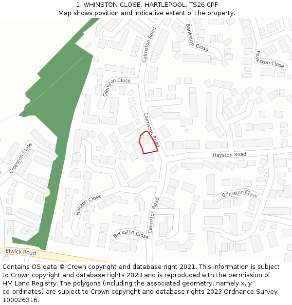 1, WHINSTON CLOSE, HARTLEPOOL, TS26 0PF: Location map and indicative extent of plot