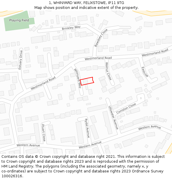 1, WHINYARD WAY, FELIXSTOWE, IP11 9TG: Location map and indicative extent of plot