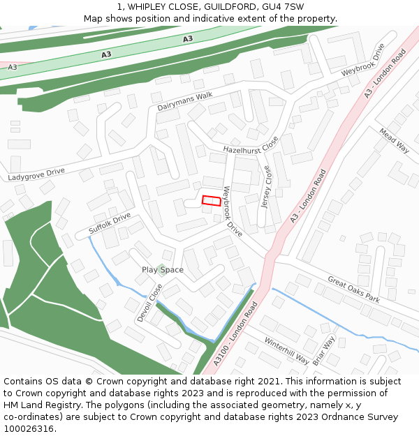 1, WHIPLEY CLOSE, GUILDFORD, GU4 7SW: Location map and indicative extent of plot