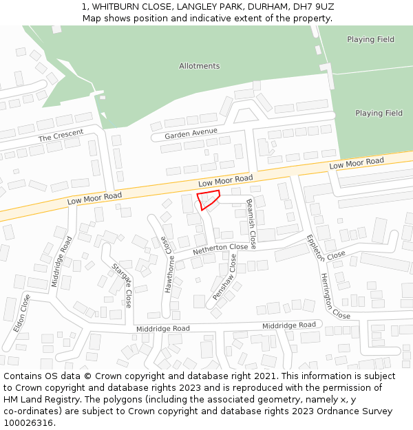 1, WHITBURN CLOSE, LANGLEY PARK, DURHAM, DH7 9UZ: Location map and indicative extent of plot