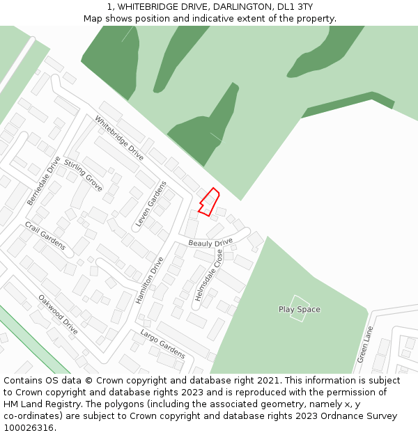 1, WHITEBRIDGE DRIVE, DARLINGTON, DL1 3TY: Location map and indicative extent of plot