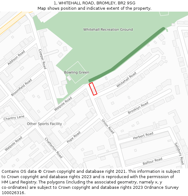 1, WHITEHALL ROAD, BROMLEY, BR2 9SG: Location map and indicative extent of plot