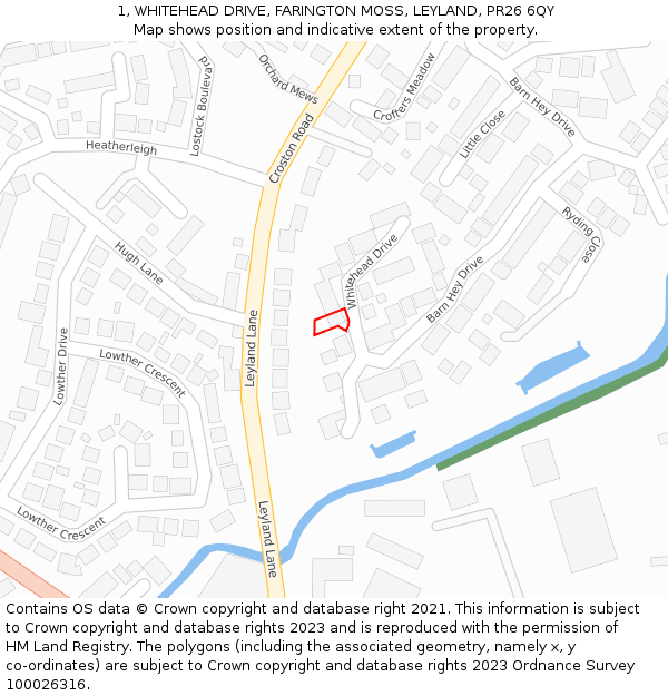 1, WHITEHEAD DRIVE, FARINGTON MOSS, LEYLAND, PR26 6QY: Location map and indicative extent of plot