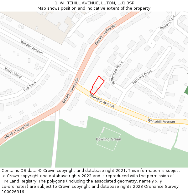 1, WHITEHILL AVENUE, LUTON, LU1 3SP: Location map and indicative extent of plot