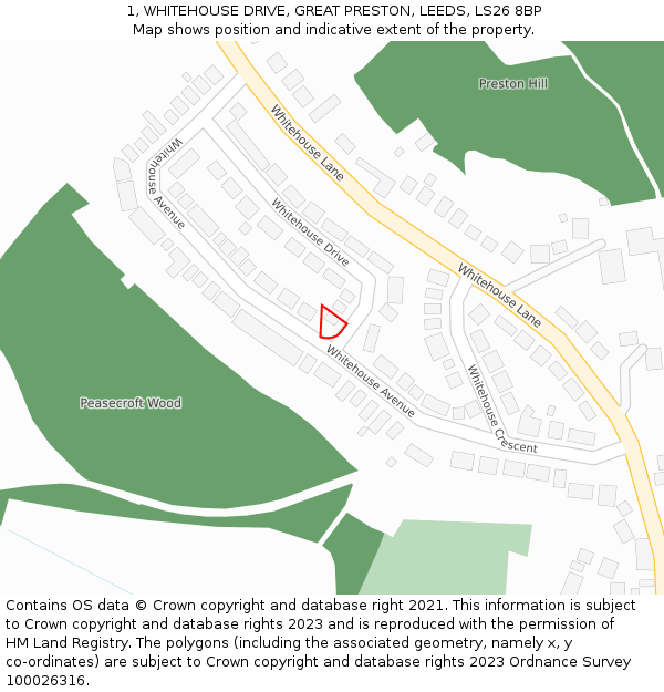 1, WHITEHOUSE DRIVE, GREAT PRESTON, LEEDS, LS26 8BP: Location map and indicative extent of plot