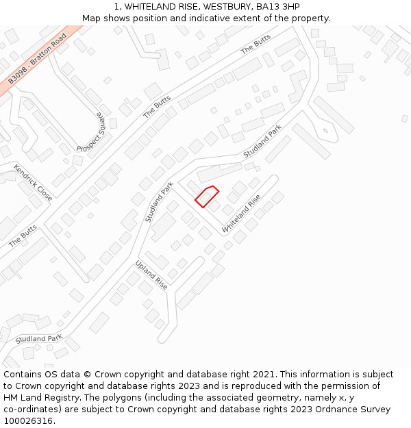 1, WHITELAND RISE, WESTBURY, BA13 3HP: Location map and indicative extent of plot