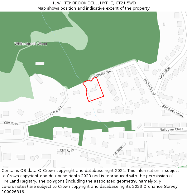 1, WHITENBROOK DELL, HYTHE, CT21 5WD: Location map and indicative extent of plot