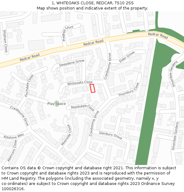 1, WHITEOAKS CLOSE, REDCAR, TS10 2SS: Location map and indicative extent of plot