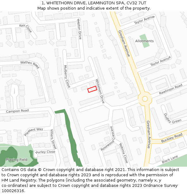 1, WHITETHORN DRIVE, LEAMINGTON SPA, CV32 7UT: Location map and indicative extent of plot