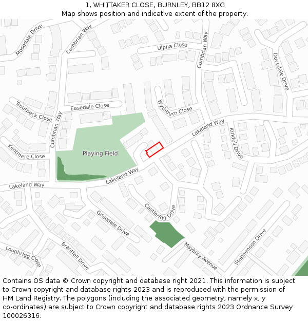 1, WHITTAKER CLOSE, BURNLEY, BB12 8XG: Location map and indicative extent of plot
