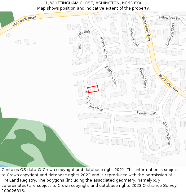 1, WHITTINGHAM CLOSE, ASHINGTON, NE63 8XX: Location map and indicative extent of plot