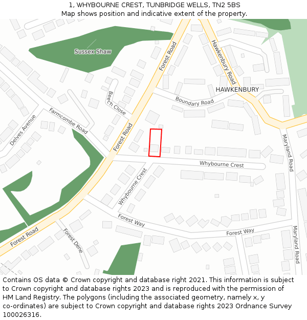 1, WHYBOURNE CREST, TUNBRIDGE WELLS, TN2 5BS: Location map and indicative extent of plot