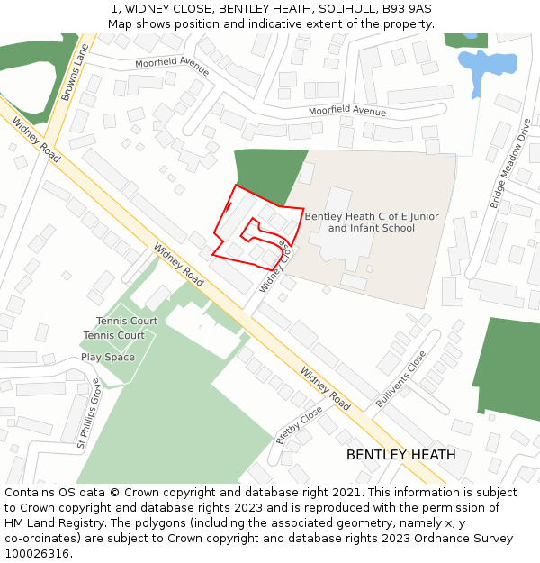 1, WIDNEY CLOSE, BENTLEY HEATH, SOLIHULL, B93 9AS: Location map and indicative extent of plot