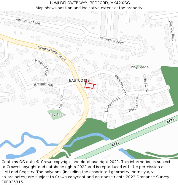 1, WILDFLOWER WAY, BEDFORD, MK42 0SG: Location map and indicative extent of plot