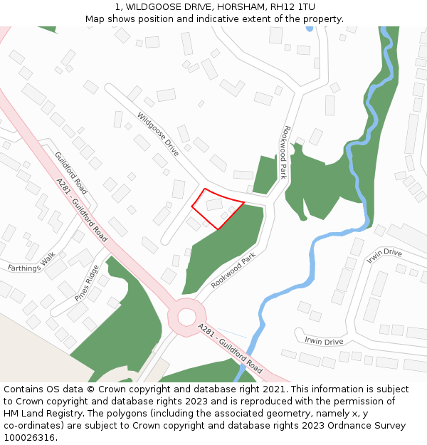 1, WILDGOOSE DRIVE, HORSHAM, RH12 1TU: Location map and indicative extent of plot
