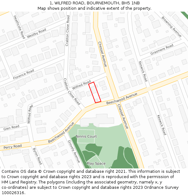 1, WILFRED ROAD, BOURNEMOUTH, BH5 1NB: Location map and indicative extent of plot