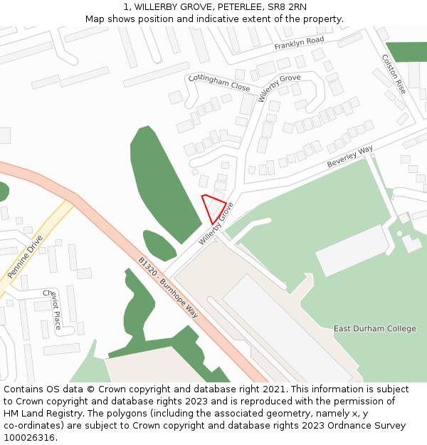 1, WILLERBY GROVE, PETERLEE, SR8 2RN: Location map and indicative extent of plot
