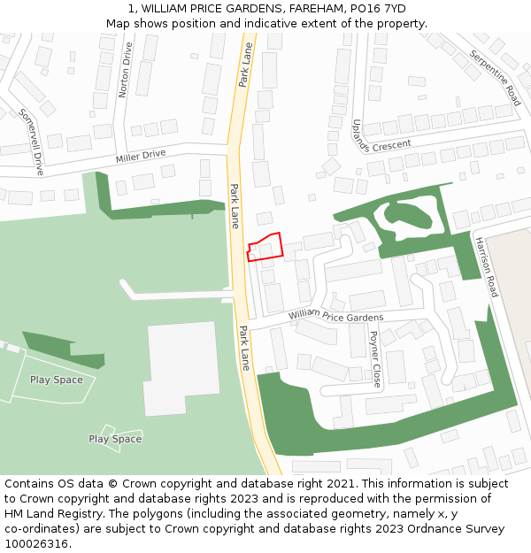 1, WILLIAM PRICE GARDENS, FAREHAM, PO16 7YD: Location map and indicative extent of plot