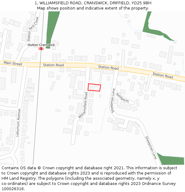 1, WILLIAMSFIELD ROAD, CRANSWICK, DRIFFIELD, YO25 9BH: Location map and indicative extent of plot