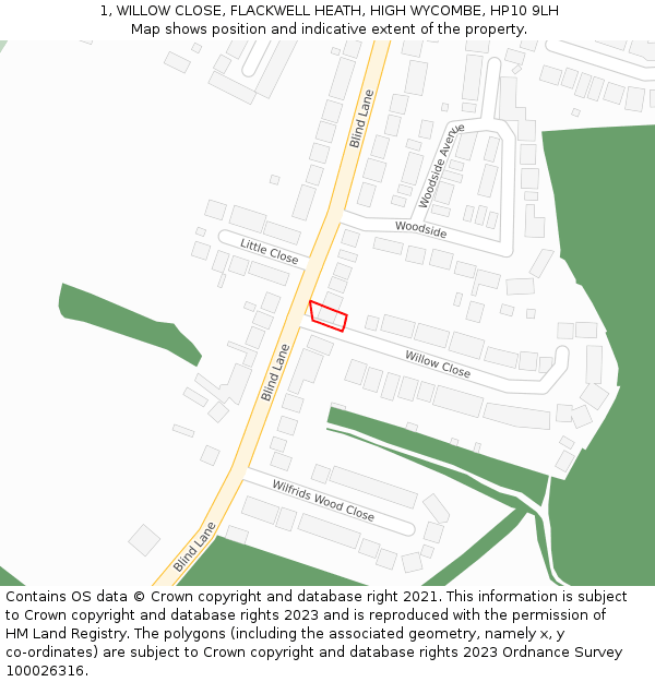 1, WILLOW CLOSE, FLACKWELL HEATH, HIGH WYCOMBE, HP10 9LH: Location map and indicative extent of plot