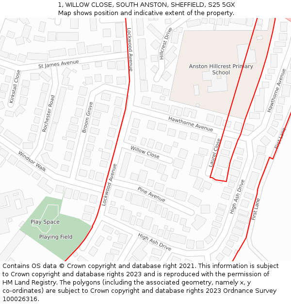 1, WILLOW CLOSE, SOUTH ANSTON, SHEFFIELD, S25 5GX: Location map and indicative extent of plot