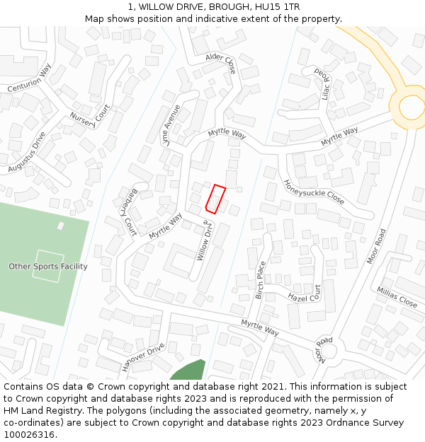 1, WILLOW DRIVE, BROUGH, HU15 1TR: Location map and indicative extent of plot