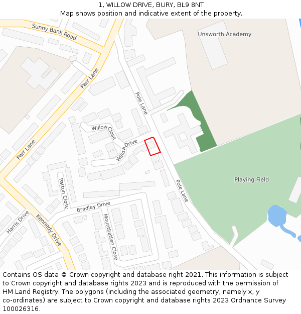 1, WILLOW DRIVE, BURY, BL9 8NT: Location map and indicative extent of plot