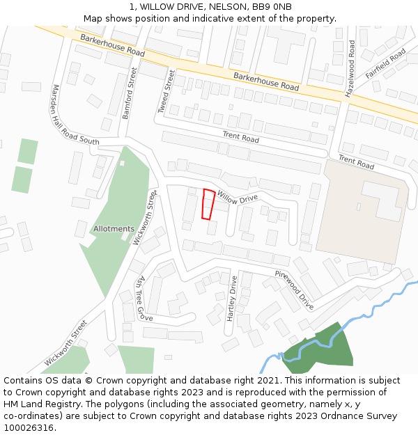 1, WILLOW DRIVE, NELSON, BB9 0NB: Location map and indicative extent of plot