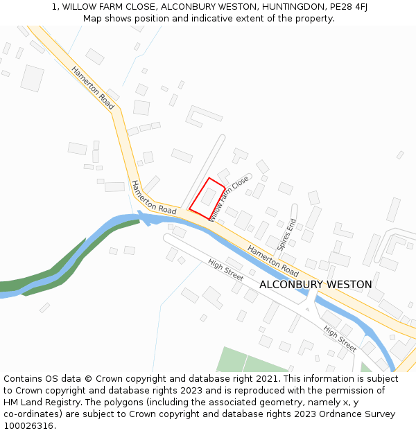 1, WILLOW FARM CLOSE, ALCONBURY WESTON, HUNTINGDON, PE28 4FJ: Location map and indicative extent of plot