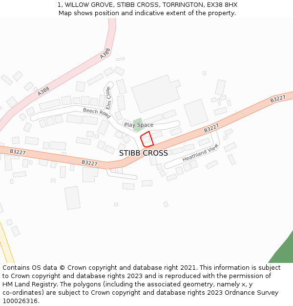 1, WILLOW GROVE, STIBB CROSS, TORRINGTON, EX38 8HX: Location map and indicative extent of plot