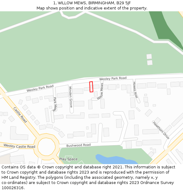 1, WILLOW MEWS, BIRMINGHAM, B29 5JF: Location map and indicative extent of plot
