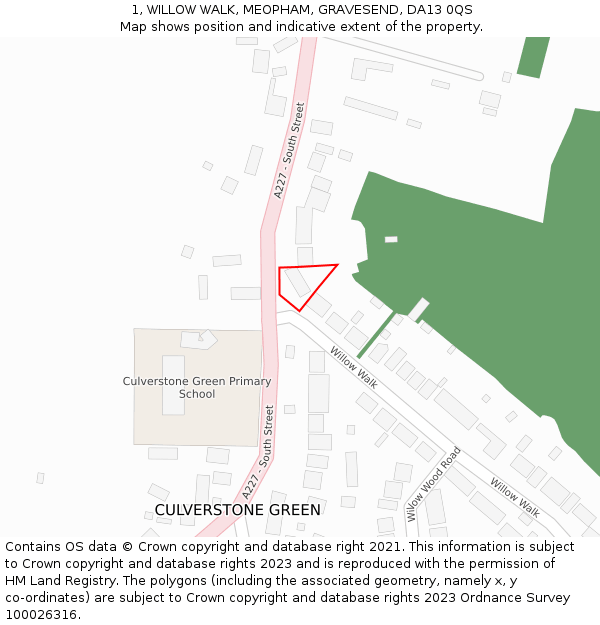 1, WILLOW WALK, MEOPHAM, GRAVESEND, DA13 0QS: Location map and indicative extent of plot