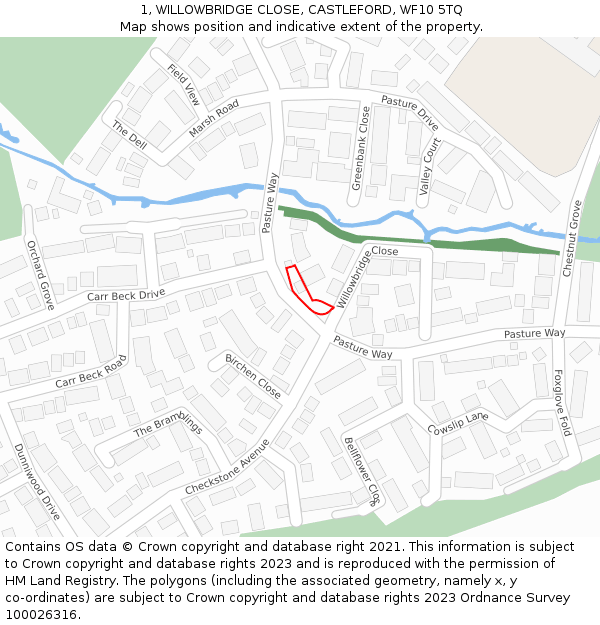 1, WILLOWBRIDGE CLOSE, CASTLEFORD, WF10 5TQ: Location map and indicative extent of plot