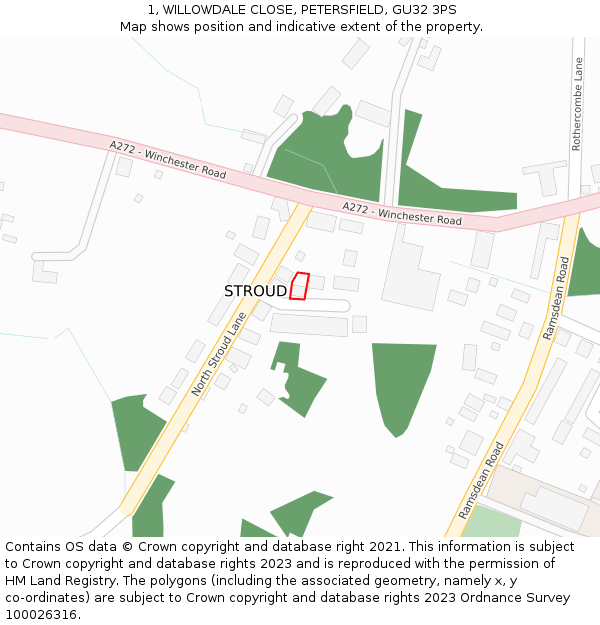 1, WILLOWDALE CLOSE, PETERSFIELD, GU32 3PS: Location map and indicative extent of plot