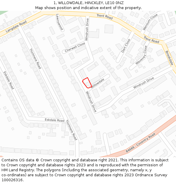 1, WILLOWDALE, HINCKLEY, LE10 0NZ: Location map and indicative extent of plot