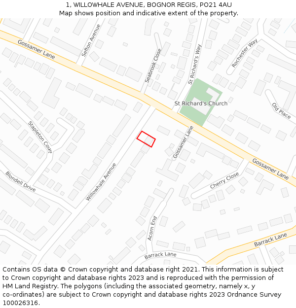 1, WILLOWHALE AVENUE, BOGNOR REGIS, PO21 4AU: Location map and indicative extent of plot