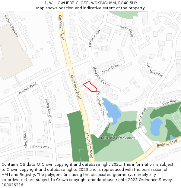 1, WILLOWHERB CLOSE, WOKINGHAM, RG40 5UY: Location map and indicative extent of plot