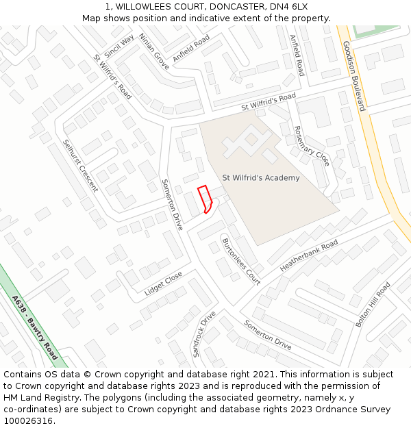 1, WILLOWLEES COURT, DONCASTER, DN4 6LX: Location map and indicative extent of plot