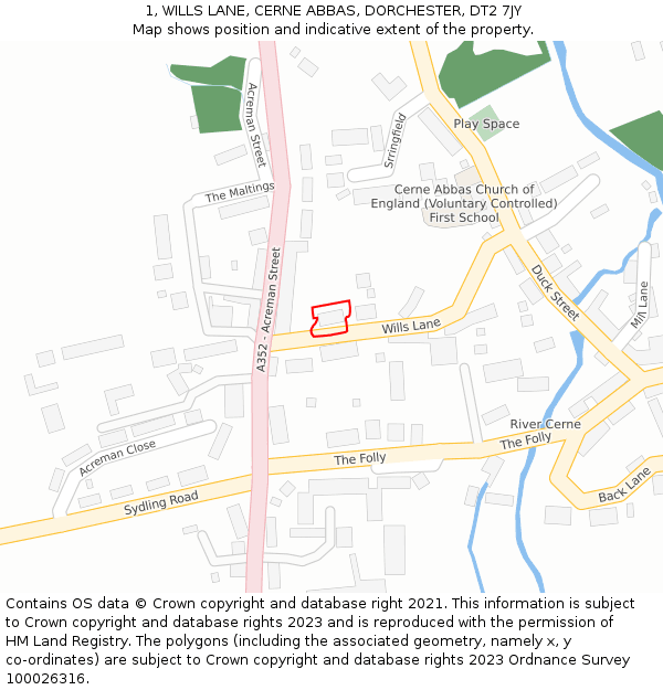 1, WILLS LANE, CERNE ABBAS, DORCHESTER, DT2 7JY: Location map and indicative extent of plot