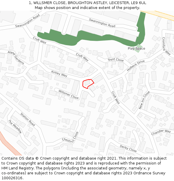 1, WILLSMER CLOSE, BROUGHTON ASTLEY, LEICESTER, LE9 6UL: Location map and indicative extent of plot