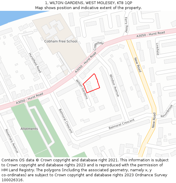 1, WILTON GARDENS, WEST MOLESEY, KT8 1QP: Location map and indicative extent of plot