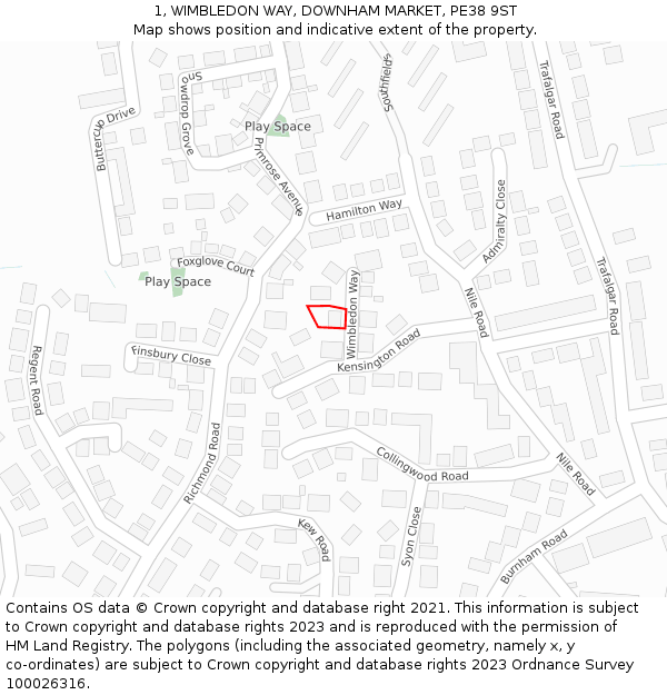 1, WIMBLEDON WAY, DOWNHAM MARKET, PE38 9ST: Location map and indicative extent of plot