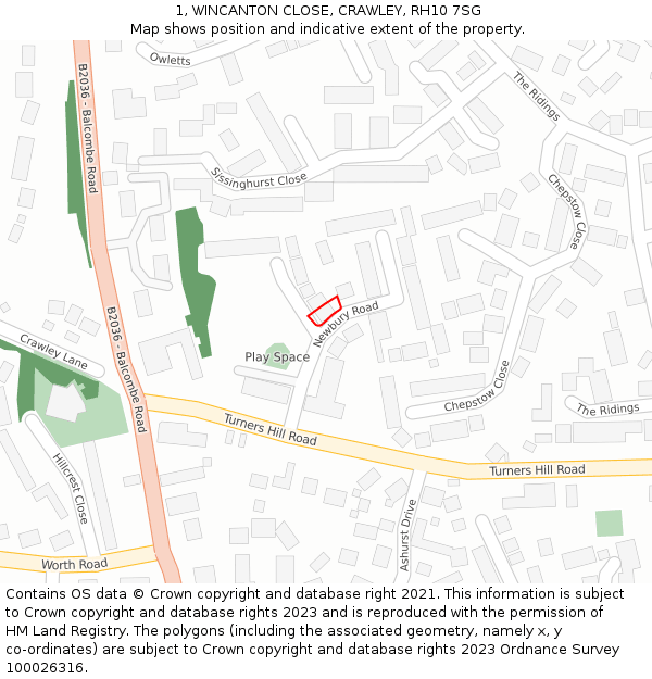 1, WINCANTON CLOSE, CRAWLEY, RH10 7SG: Location map and indicative extent of plot