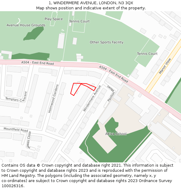 1, WINDERMERE AVENUE, LONDON, N3 3QX: Location map and indicative extent of plot
